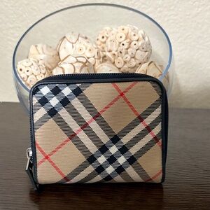 Burberry Beige Plaid Zip Coin Wallet with Black and Red Trim